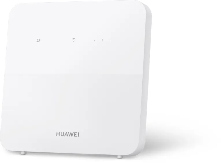 Router Huawei 5G CPE 5S H153-381 blanco rectangular en posición vertical con luces de estado superiores (silencio, WiFi y Router Huawei 5G CPE 5S H153-381 blanco rectangular en posición vertical con luces de estado superiores (silencio, WiFi y