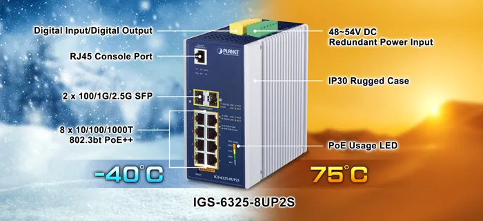PLANET Industrial L3 8-Port 802.3bt GE + 2-Port 2.5G SFP+ PLANET Industrial L3 8-Port 802.3bt GE + 2-Port 2.5G SFP+