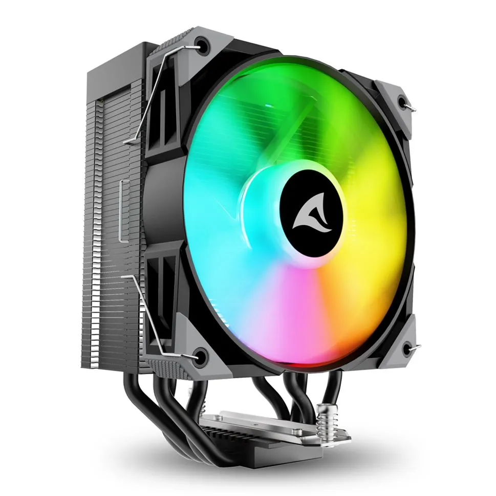 Sharkoon CPU Kühler A40 120mm RGB mit schwarzem Turmkühler, 120mm-Lüfter mit RGB-Beleuchtung, 4 Heatpipes und AM4/5-Montage Sharkoon CPU Kühler A40 120mm RGB mit schwarzem Turmkühler, 120mm-Lüfter mit RGB-Beleuchtung, 4 Heatpipes und AM4/5-Montage