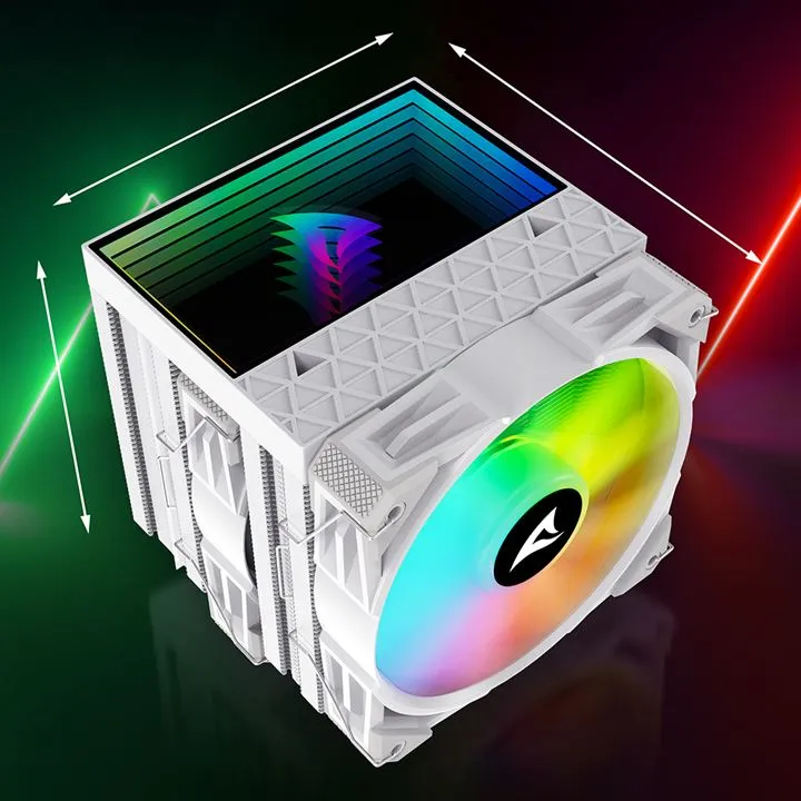 Weißer Sharkoon CPU-Kühler A60 mit 120mm RGB-Lüfter, schwarzer Deckplatte und Regenbogenbeleuchtung vor dunklem Hintergrund Weißer Sharkoon CPU-Kühler A60 mit 120mm RGB-Lüfter, schwarzer Deckplatte und Regenbogenbeleuchtung vor dunklem Hintergrund