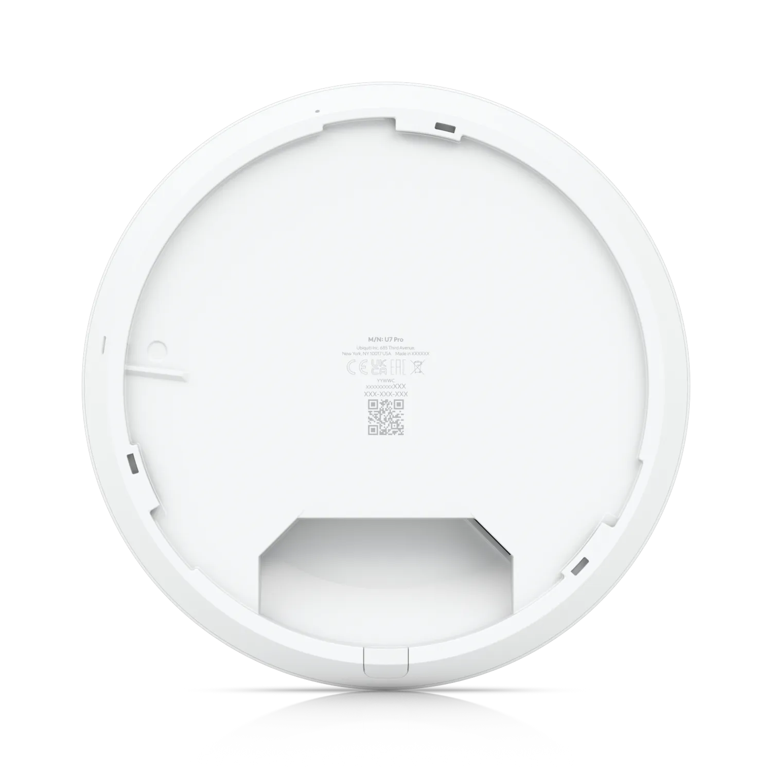 Ubiquiti UniFi AP U7-PRO WLAN-Access-Point Rückansicht mit Montagerahmen, Modellnummer U7 Pro, QR-Code und regulatorischen