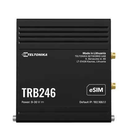 TELTONIKA TRB246 Dual-SIM eSIM 4G/LTE IoT-Gateway mit RS232 RS485 Anschlüssen schwarzes Industriegerät mit