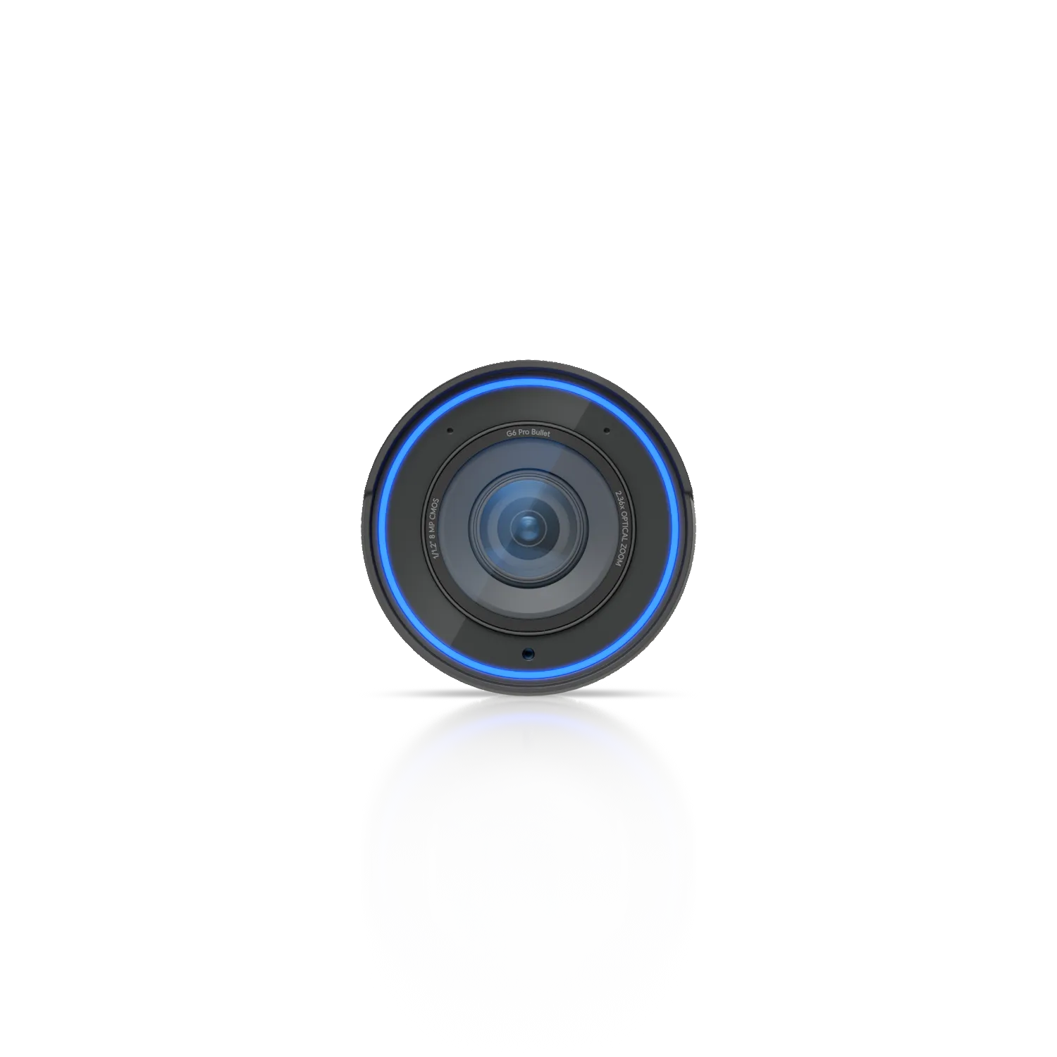 Ubiquiti UVC-G6-Pro-Bullet weiße Überwachungskamera mit blau leuchtendem 2,8mm-Zoomobjektiv vor schwarzem Hintergrund.