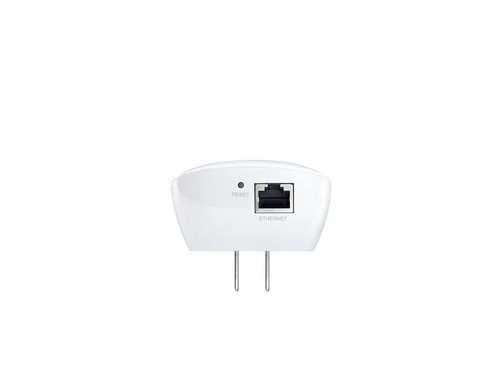 TP-Link TL-WA850RE WLAN-Repeater mit Ethernet-Port und Reset-Taste, weiße Unterseite mit Steckeranschluss.