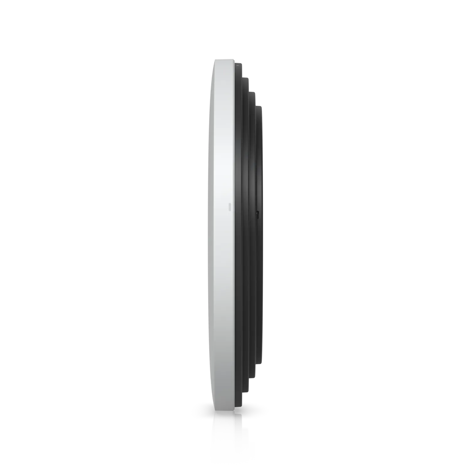 Ubiquiti UniFi AP U7-PRO XGS wireless access point side view with white front, black ridged rear, and LED indicator against Ubiquiti UniFi AP U7-PRO XGS wireless access point side view with white front, black ridged rear, and LED indicator against