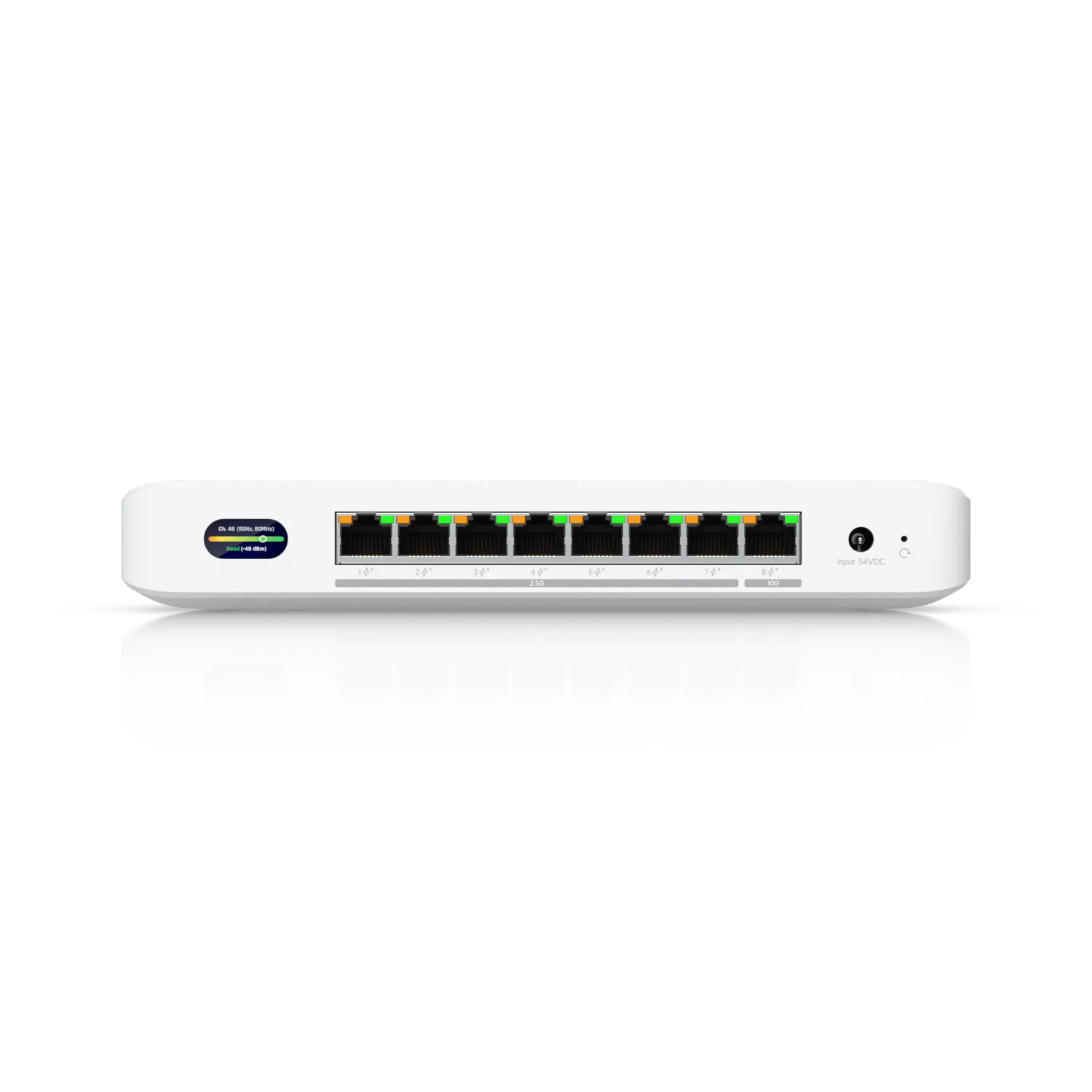 Ubiquiti UniFi Device Bridge Switch с 8 Ethernet-портами и индикаторами на чёрном фоне с отражением.