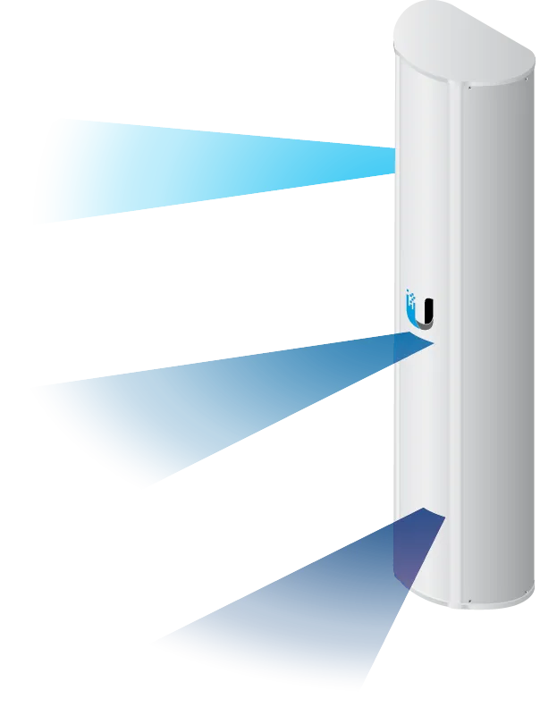Ubiquiti AP-5AC-90-HD 5-GHz-Sektorantenne mit blauer Signalabdeckung und vertikalem Strahlungsmuster. Ubiquiti AP-5AC-90-HD 5-GHz-Sektorantenne mit blauer Signalabdeckung und vertikalem Strahlungsmuster.