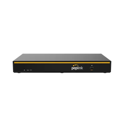 Router B One nero con striscia gialla, pannello frontale con luci di stato, logo Peplink e porta USB-C per connessioni