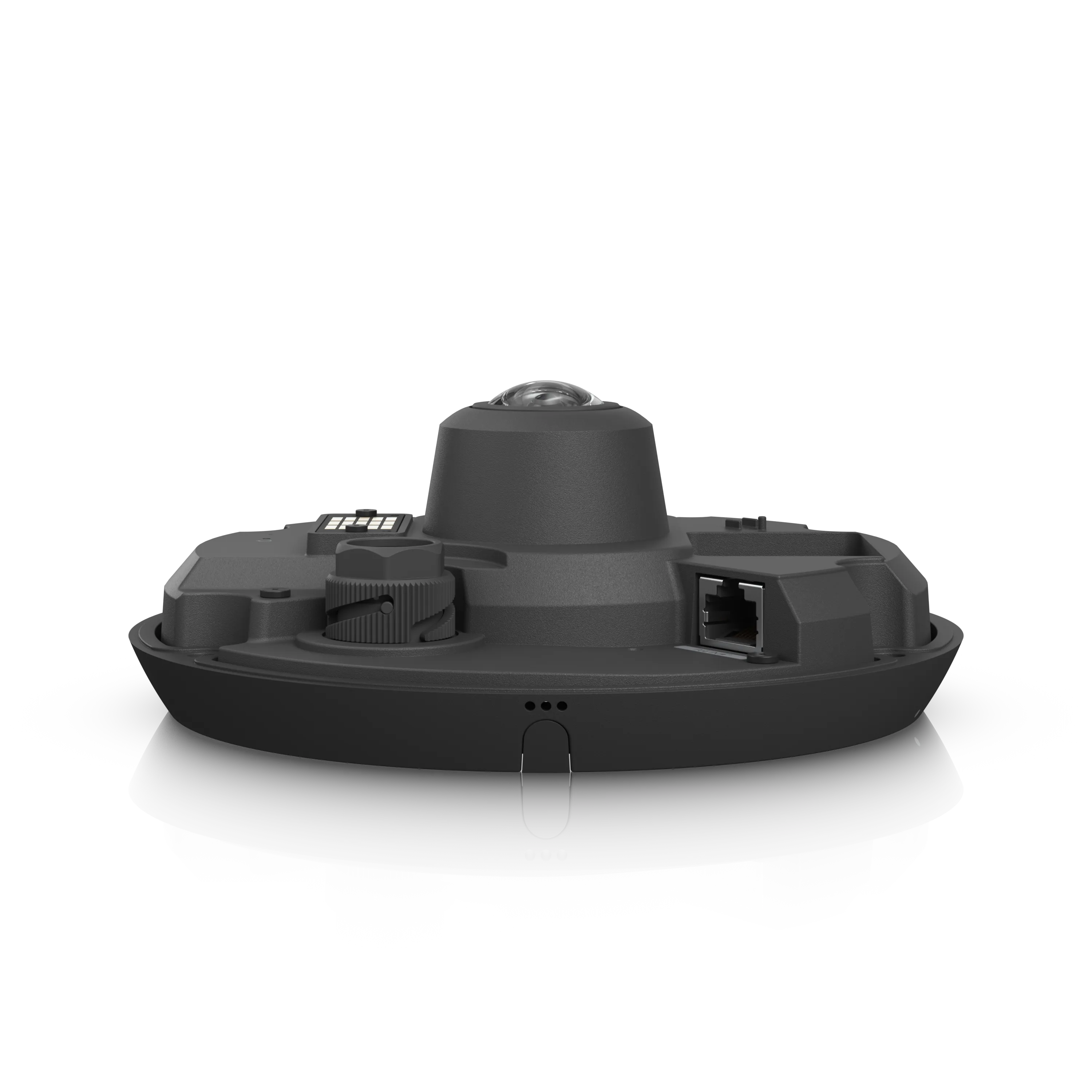 Ubiquiti UVC-G6-Pro-360-B 360-Grad-Überwachungskamera in dunklem Grau mit Objektiv, Ethernet-Anschluss und Statusanzeige