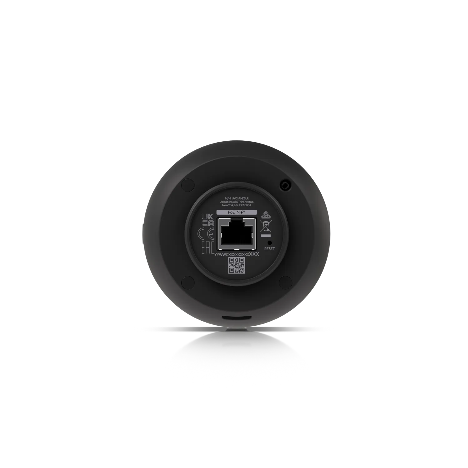 Ubiquiti UVC-AI-DSLR camera rear view showing Ethernet port, regulatory label with QR code, and reset button for network Ubiquiti UVC-AI-DSLR camera rear view showing Ethernet port, regulatory label with QR code, and reset button for network