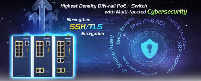 Industrieller PLANET Netzwerk-Switch mit 4 Gigabit-PoE-Ports (802.3at) und 4 zusätzlichen Ports in blauem Metallgehäuse