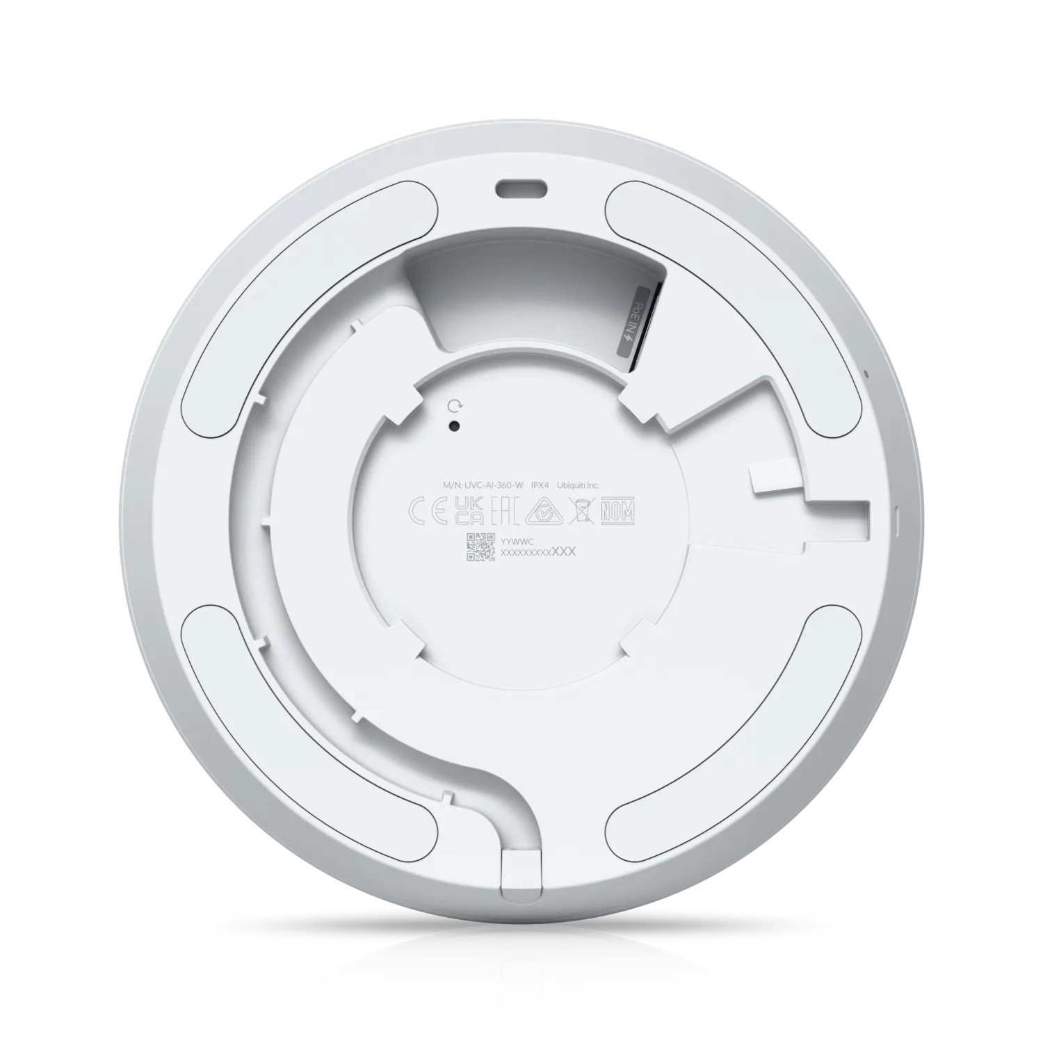 Ubiquiti Video Kamera UVC-AI-360 Rückseite mit Montageplatte und Kabelausschnitt für Wandinstallation. Ubiquiti Video Kamera UVC-AI-360 Rückseite mit Montageplatte und Kabelausschnitt für Wandinstallation.