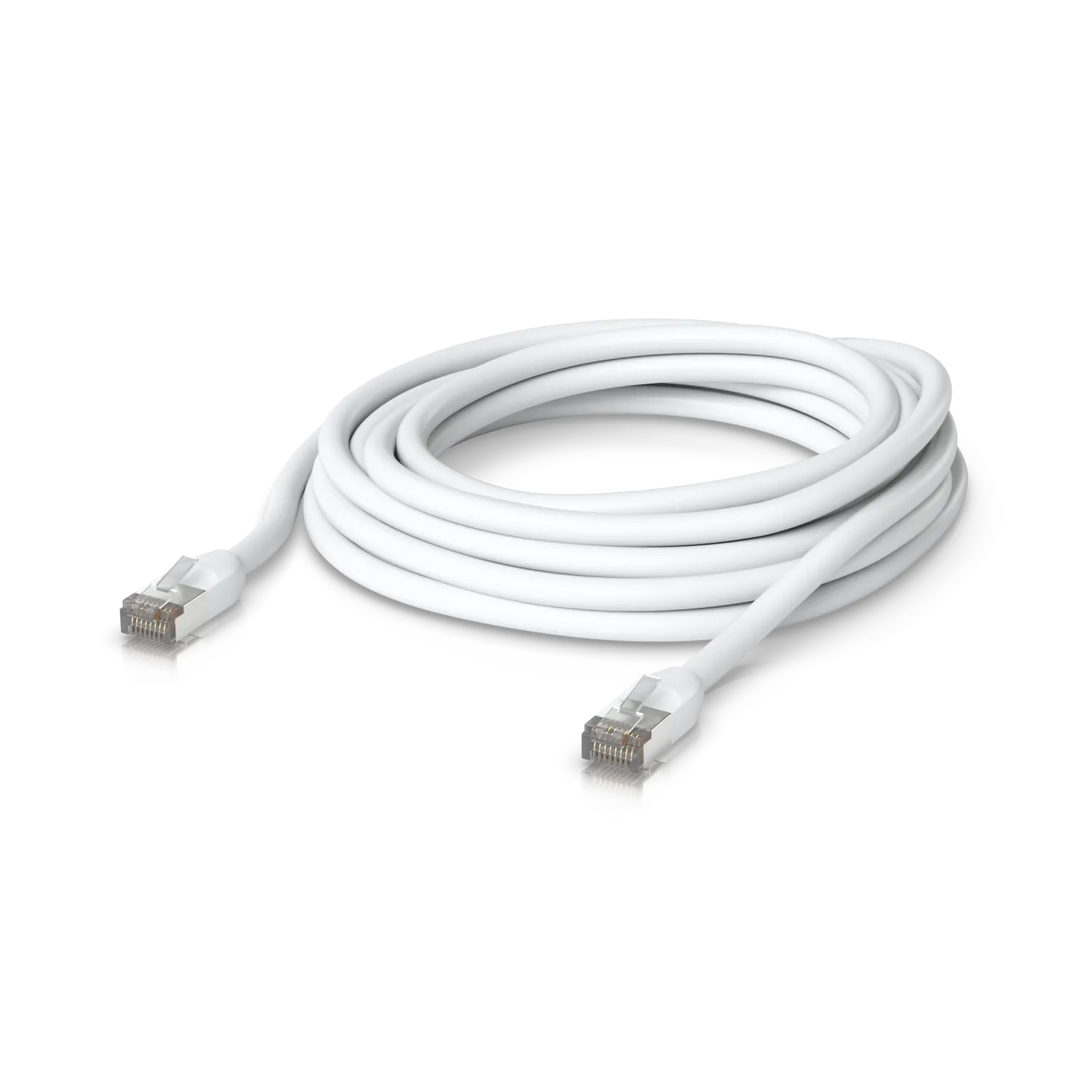 Câble Ethernet UniFi Outdoor blanc 1 m Cat 5e STP enroulé avec connecteurs RJ45 blindés sur fond neutre. Câble Ethernet UniFi Outdoor blanc 1 m Cat 5e STP enroulé avec connecteurs RJ45 blindés sur fond neutre.