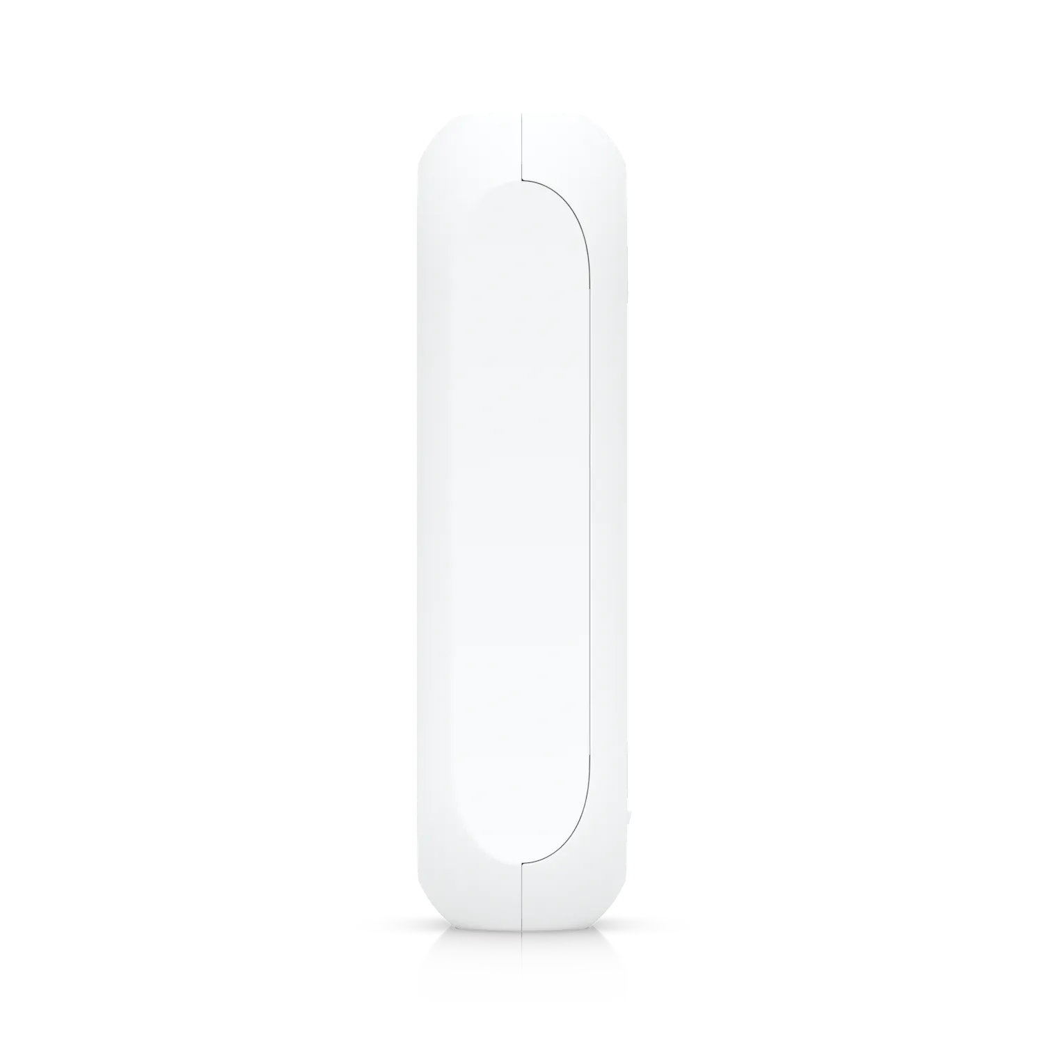 Ubiquiti AI Theta Pro, schlankes weißes Gerät mit abgerundeten Ecken im Seitenprofil auf schwarzem Hintergrund mit Reflexion.