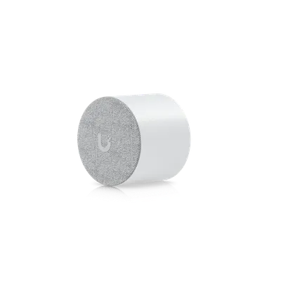 Ubiquiti PoE Smart Chime, weißer zylindrischer Smart-Gong mit grauem Stofffront und Logo auf weißer Basis vor schwarzem