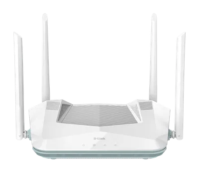 D-Link R32/E EAGLE PRO AI AX3200 умный роутер с четырьмя антеннами и световыми индикаторами на белом корпусе для домашней