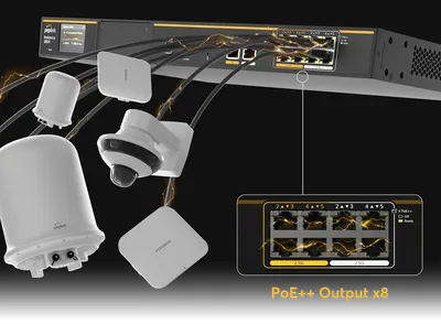 Peplink Balance 580X с подключёнными точками доступа Pepwave и камерой через PoE++ порты для сетевой инфраструктуры.