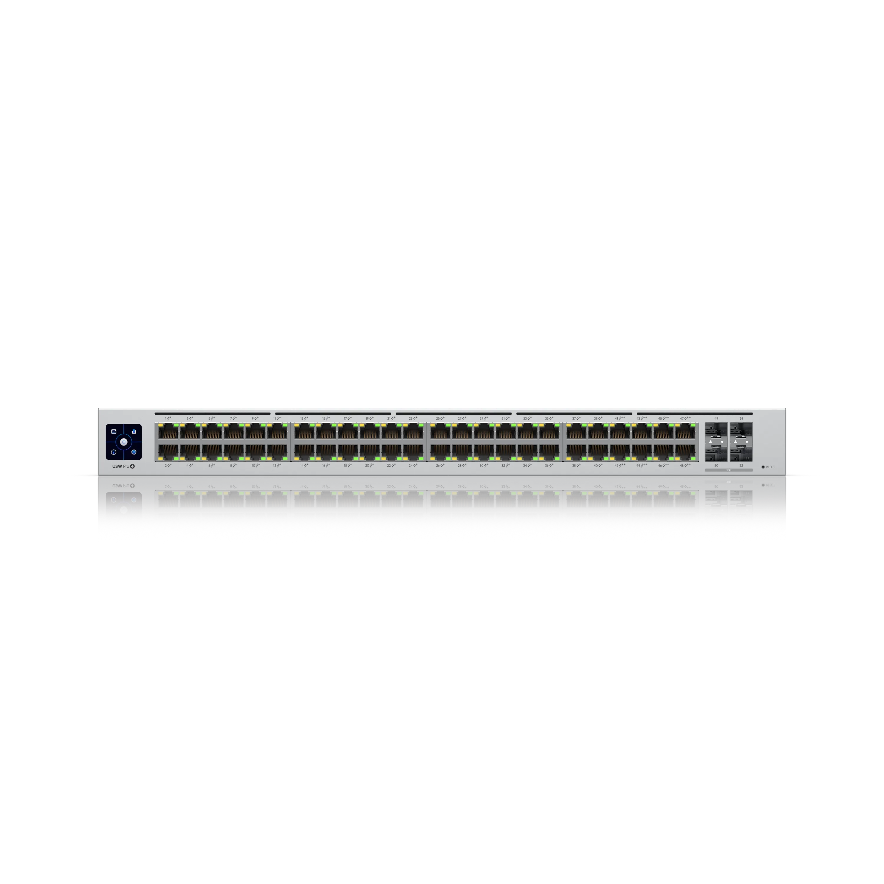 Ubiquiti UniFi Switch USW-Pro-48-POE Gen2 600W PoE mit 48 Ethernet-Ports, Display und Status-LEDs in silbernem Ubiquiti UniFi Switch USW-Pro-48-POE Gen2 600W PoE mit 48 Ethernet-Ports, Display und Status-LEDs in silbernem