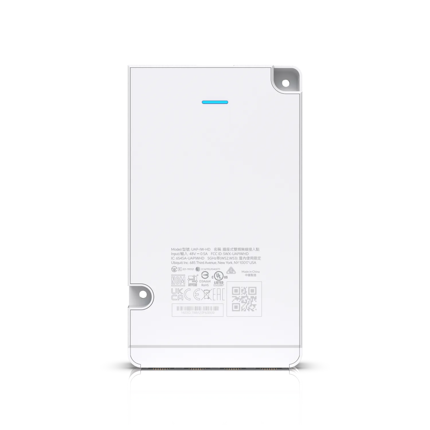 Ubiquiti UniFi IW-HD-CF-3 Rückansicht mit blauer LED und Typenschild auf schwarzem Hintergrund. Ubiquiti UniFi IW-HD-CF-3 Rückansicht mit blauer LED und Typenschild auf schwarzem Hintergrund.