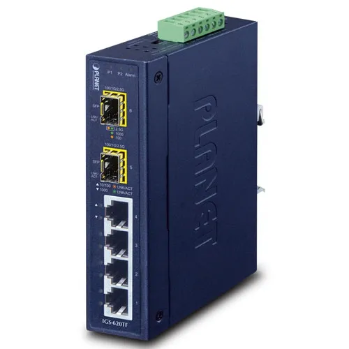 PLANET IGS-6201F industrial 4-port Gigabit switch with dual SFP slots, DIN rail mount, and LED indicators for rugged PLANET IGS-6201F industrial 4-port Gigabit switch with dual SFP slots, DIN rail mount, and LED indicators for rugged