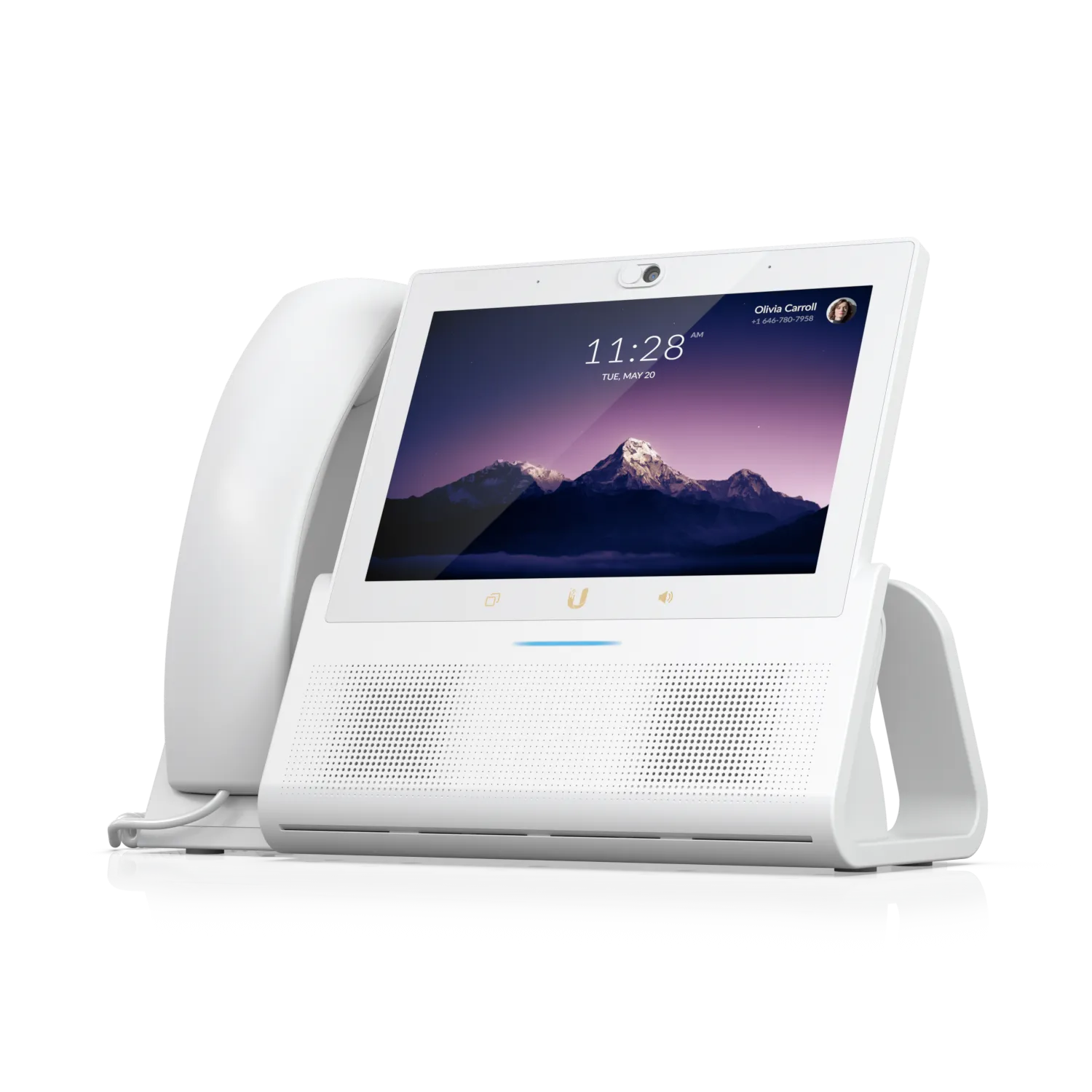 Ubiquiti UTP-TouchMax-White-U VoIP phone with large touchscreen showing mountain wallpaper, time, and caller info while