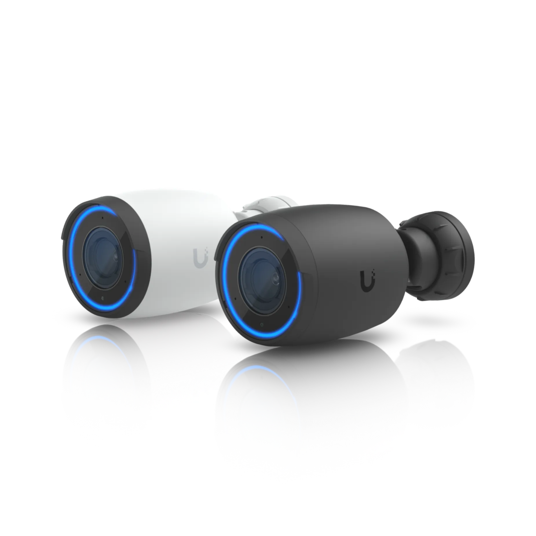 Ubiquiti Video Camera UVC-AI-Pro, две камеры белого и тёмно-серого цвета с синей подсветкой объектива на чёрном фоне.