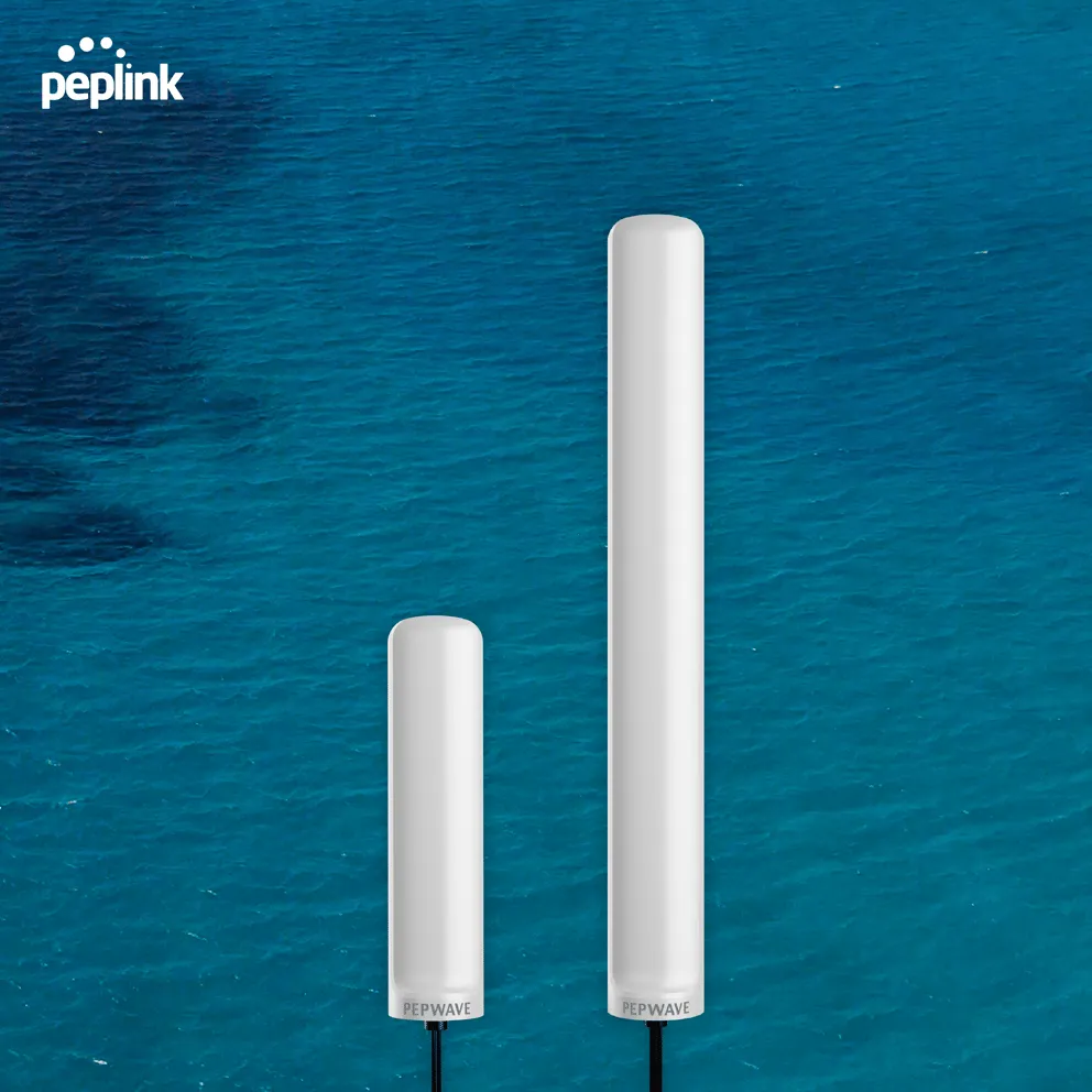 Two white Pepwave antennas of varying heights with black cables stand against a blue ocean backdrop, Peplink logo visible.