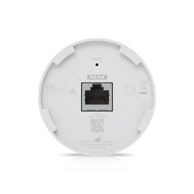 Ubiquiti PoE Smart Chime Rückansicht mit PoE-IN-Ethernet-Port, Reset-Taste, QR-Code und Zertifizierungslogos für