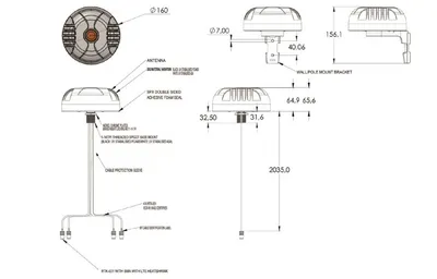 Weiße Poynting A-MIMO-0004-V1-19-W 5G/LTE-Antenne mit Montagezeichnung, SMA-Anschlüssen und IP69K-Schutz für KFZ/Marine. Weiße Poynting A-MIMO-0004-V1-19-W 5G/LTE-Antenne mit Montagezeichnung, SMA-Anschlüssen und IP69K-Schutz für KFZ/Marine.