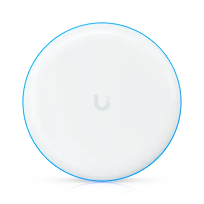 Ponte P2P Ubiquiti UniFi Building Bridge XG con anello luminoso blu su sfondo nero riflettente.