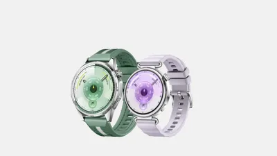 Huawei WATCH GT6 41mm in Purple Fluoroelastomer strap shown alongside green variant on light grey background with metallic