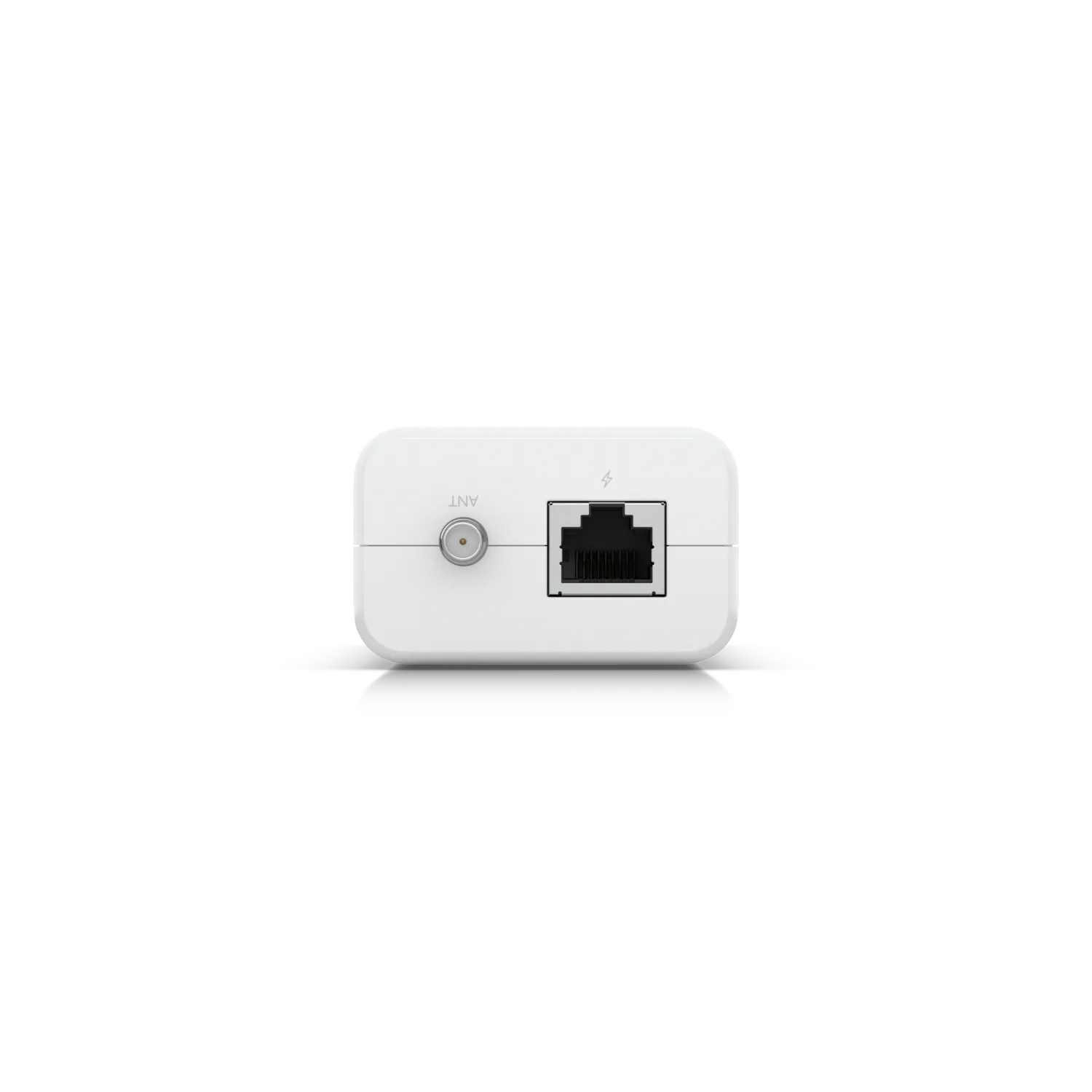 Weißes rechteckiges Ubiquiti UniFi Device Bridge mit ANT-Antennenanschluss links und PoE-Ethernet-Port rechts seitlich Weißes rechteckiges Ubiquiti UniFi Device Bridge mit ANT-Antennenanschluss links und PoE-Ethernet-Port rechts seitlich