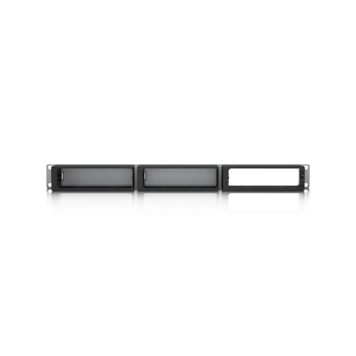Ubiquiti AI Key Rack Mount UACC-AI-Key-RM schwarze 3-Slot-Rackhalterung mit silbernen Montageohren links und rechts zwei