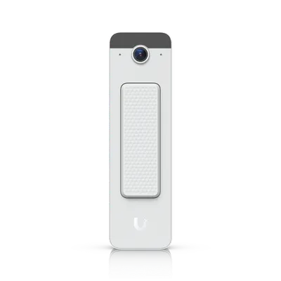 Ubiquiti UniFi Protect Doorbell Lite, schwarze IP-Türklingel mit Kamera, IPX5-Wasserschutz und PoE vor schwarzem Hintergrund.