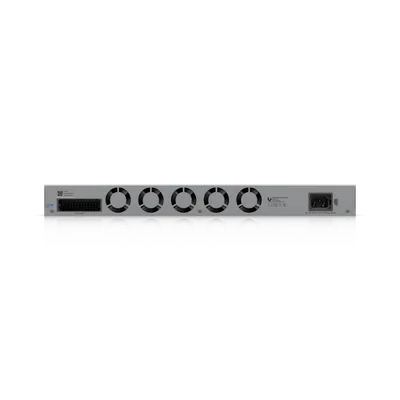 Ubiquiti UniFi Switch USW-Pro-XG-48-PoE 1080W Rückansicht mit USP-Connect-Port, fünf schwarzen Lüftern, blauem