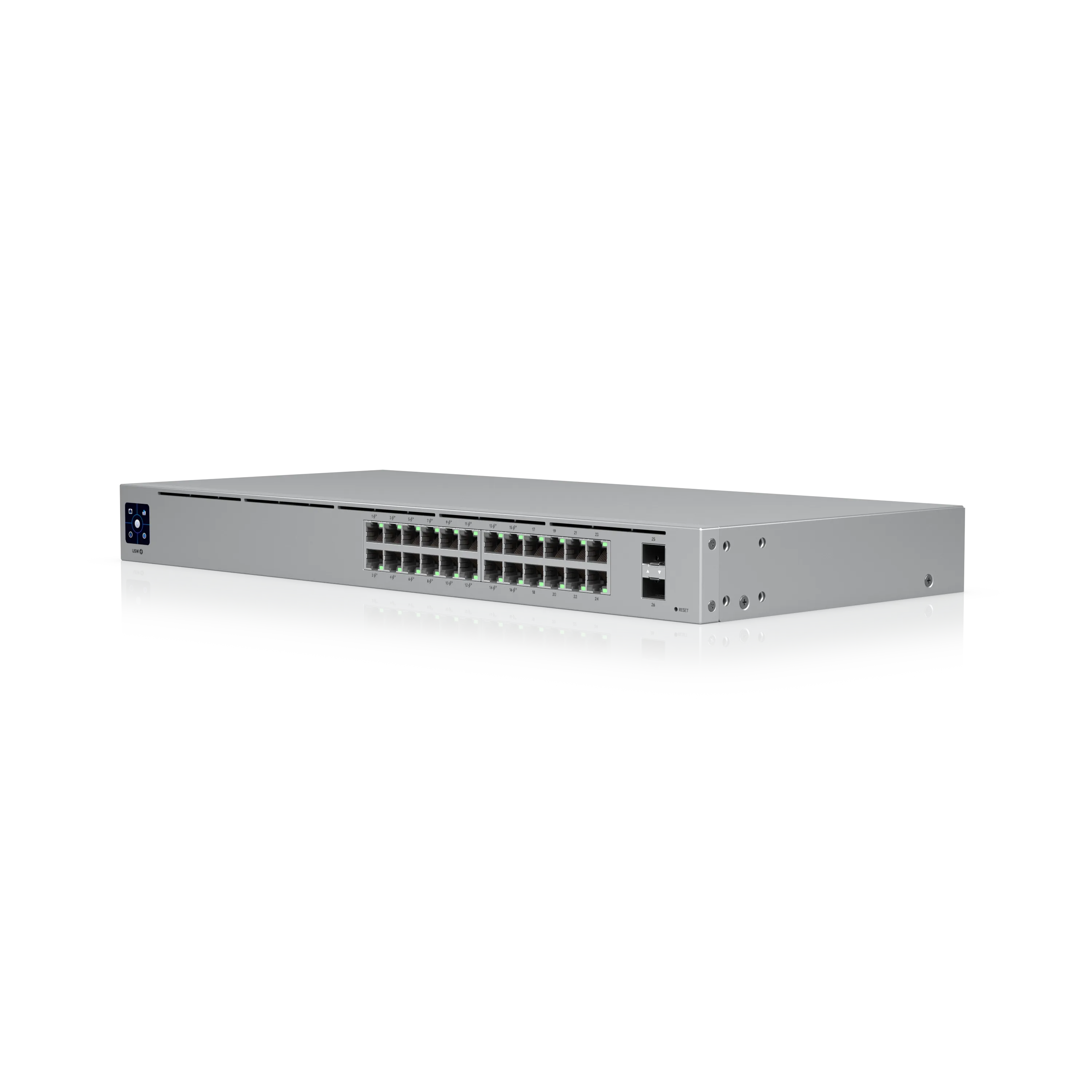 Commutateur réseau UBIQUITI USW-24-POE-EU 24 ports PoE avec écran et ports SFP en rack argenté monté en baie.