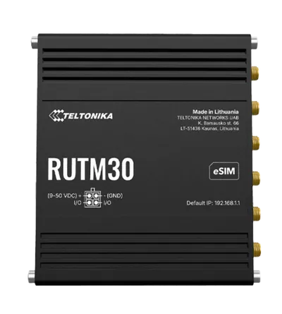 Teltonika RUTM30 compact 5G router, black top-down view with logo, model name, eSIM badge, antenna connectors, and I/O Teltonika RUTM30 compact 5G router, black top-down view with logo, model name, eSIM badge, antenna connectors, and I/O