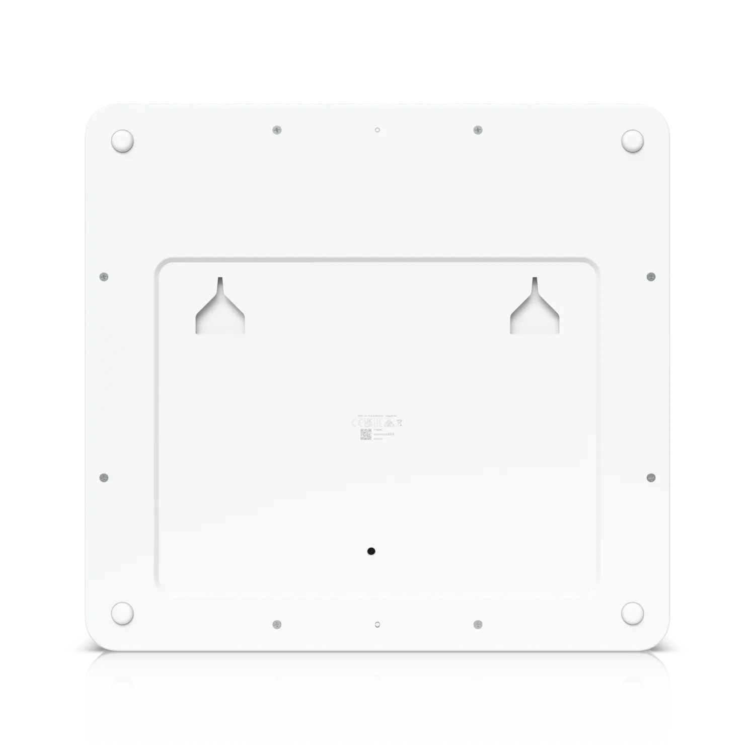 Ubiquiti Access Hub Enterprise Grade Rückansicht mit Montageschlitzen, QR-Code und Gummifüßen für professionelle Ubiquiti Access Hub Enterprise Grade Rückansicht mit Montageschlitzen, QR-Code und Gummifüßen für professionelle