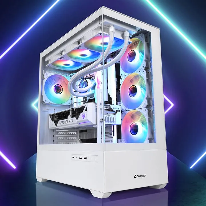 Weißes Sharkoon AK6 RGB ATX-Gehäuse mit Glas-Seitenpanel, RGB-Lüftern, AIO-Wasserkühlung und RTX-Grafikkarte vor dunklem Weißes Sharkoon AK6 RGB ATX-Gehäuse mit Glas-Seitenpanel, RGB-Lüftern, AIO-Wasserkühlung und RTX-Grafikkarte vor dunklem