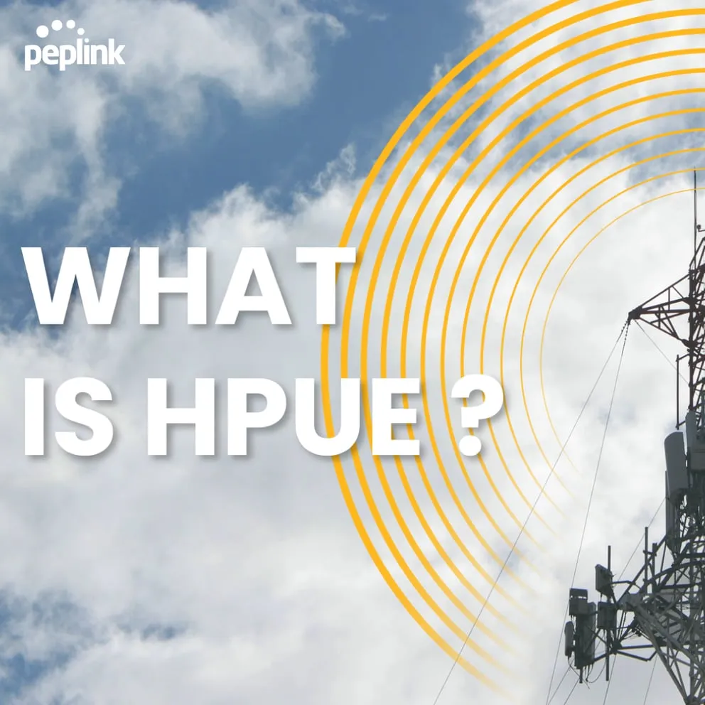 FIPS License for HD2 with MediaFast, Peplink logo and HPUE question beside a telecom tower emitting yellow radio waves