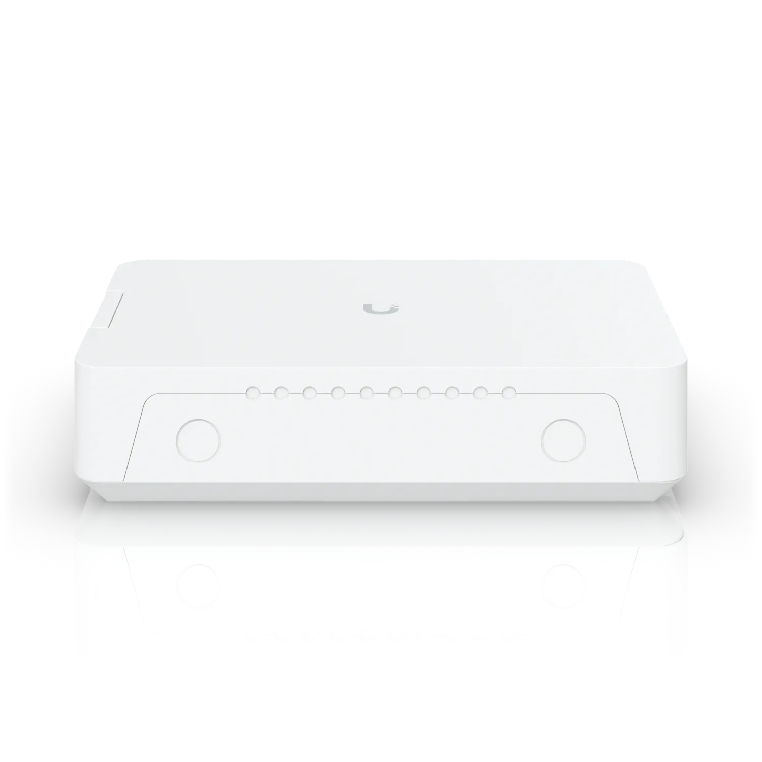 Ubiquiti UniFi Flex-Switch Utility Pro, white 10-port network switch with LED indicators and control buttons shown on a Ubiquiti UniFi Flex-Switch Utility Pro, white 10-port network switch with LED indicators and control buttons shown on a