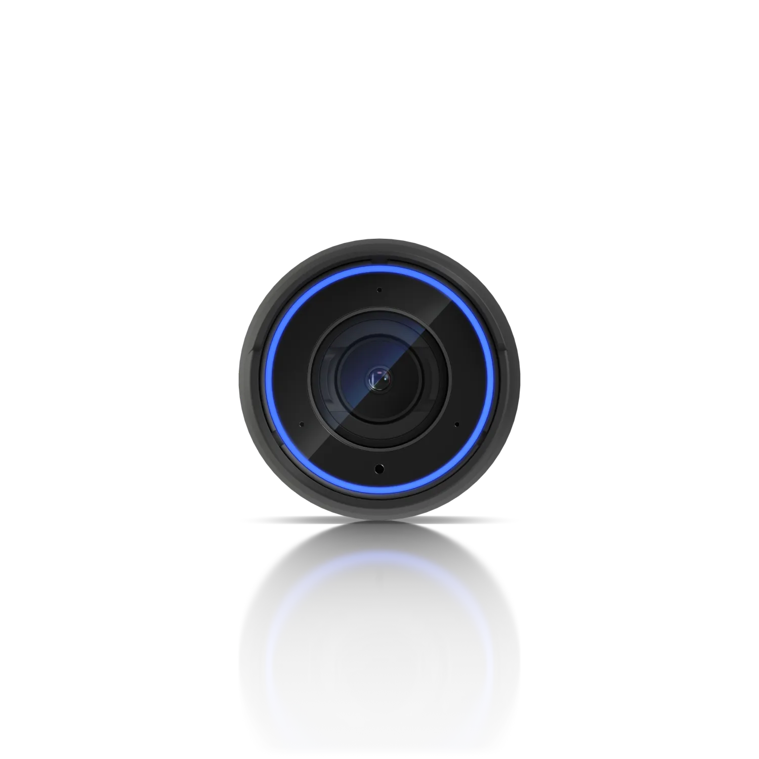 Ubiquiti Video Camera UVC-AI-Pro, чёрная круглая камера видеонаблюдения с синим светящимся кольцом вокруг объектива на