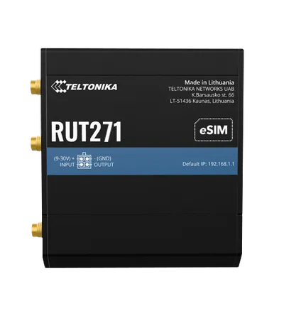 Router Teltonika RUT271 5G Redcap, dispositivo industrial negro con antenas doradas, logo eSIM, conexiones de red y Router Teltonika RUT271 5G Redcap, dispositivo industrial negro con antenas doradas, logo eSIM, conexiones de red y