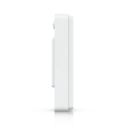 Ubiquiti UniFi Protect Doorbell Lite, schlanke weiße Türklingel mit seitlichem Profil vor schwarzem Hintergrund, IPX5, PoE,