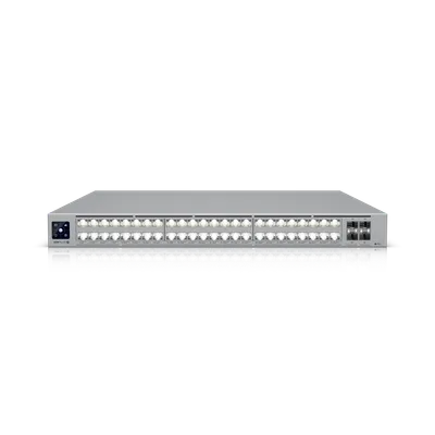 Ubiquiti UniFi Switch USW-Pro-XG-48-PoE 1080W mit 48 RJ45-Ports, 4 SFP+-Anschlüssen, LCD-Touchscreen und silbernem