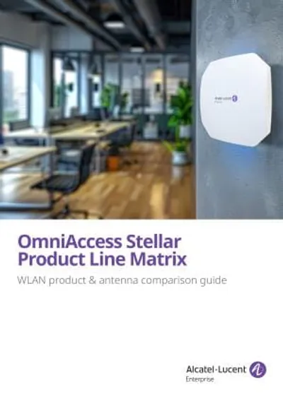 Punto de acceso inalámbrico OMNIACCESS STELLAR AP1331-RW blanco octagonal con logo y luz azul montado en pared gris de Punto de acceso inalámbrico OMNIACCESS STELLAR AP1331-RW blanco octagonal con logo y luz azul montado en pared gris de