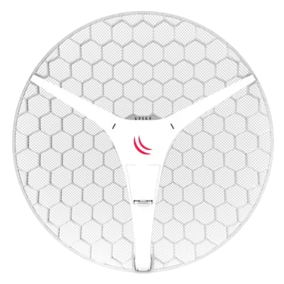 Antena MikroTik RBLHG-5HPnD-XL 27dBi 5GHz con rejilla hexagonal blanca y soporte de tres brazos para instalación exterior Antena MikroTik RBLHG-5HPnD-XL 27dBi 5GHz con rejilla hexagonal blanca y soporte de tres brazos para instalación exterior
