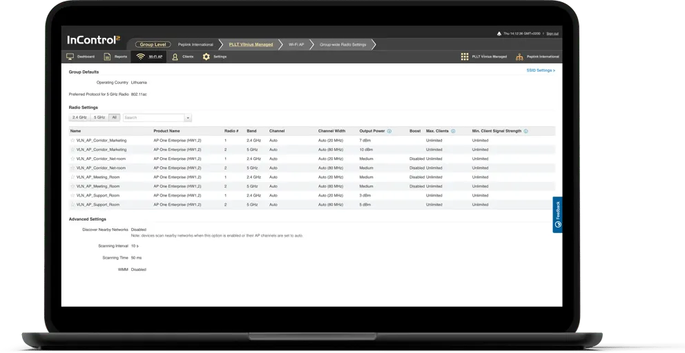 InControl 2 Abo (2-Jahre) zeigt Gruppen-Funknetzwerkeinstellungen für PLT-Vilnius Managed mit AP One Enterprise InControl 2 Abo (2-Jahre) zeigt Gruppen-Funknetzwerkeinstellungen für PLT-Vilnius Managed mit AP One Enterprise