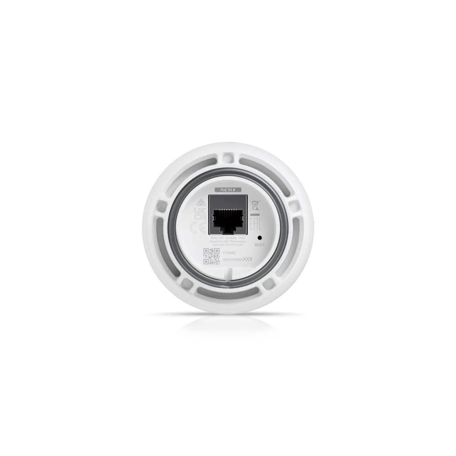 Ubiquiti Video Kamera UVC-G5-Bullet 3er-Pack Rückansicht mit PoE-Ethernetanschluss, Reset-Taste und QR-Code auf schwarzem