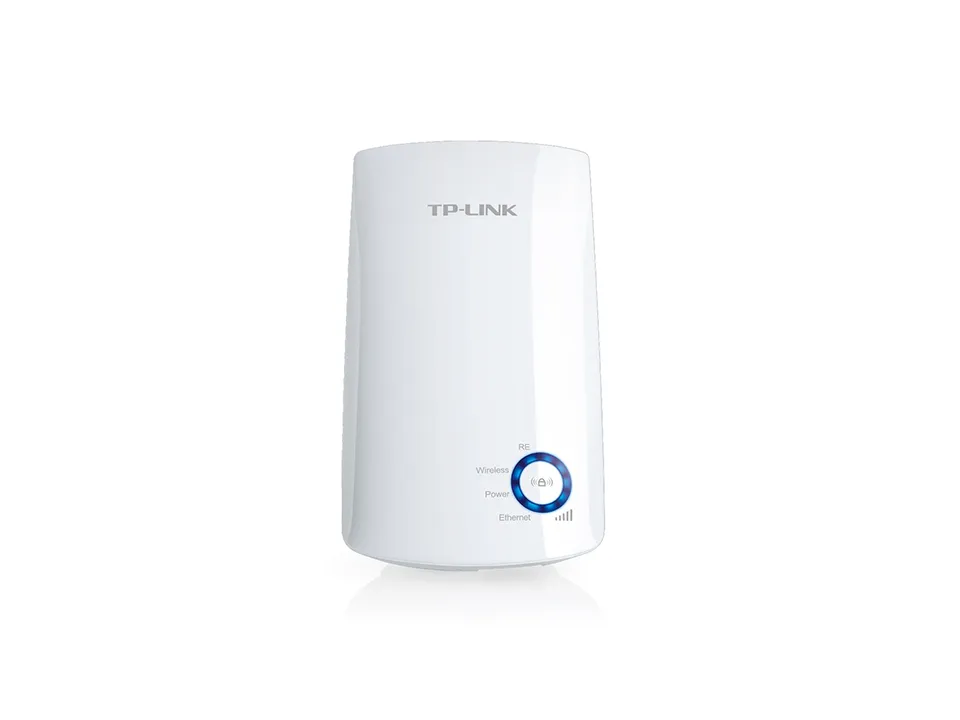 TP-Link TL-WA850RE WLAN-Repeater mit weißem Gehäuse, Frontansicht: TP-LINK-Logo, blauer WPS-Knopf, Signal-LEDs und